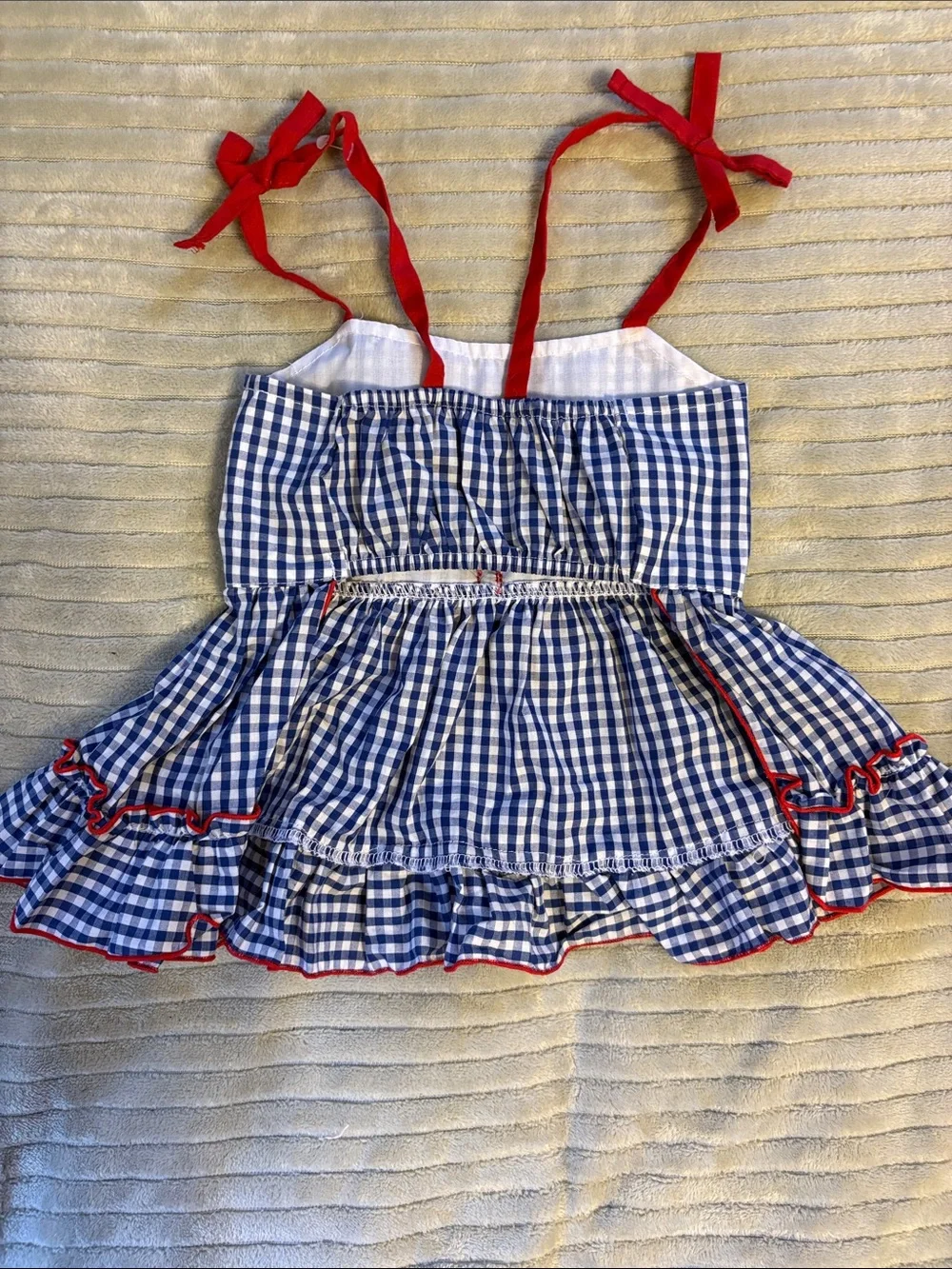 Blue Gingham Dog Dress with Red Trim and Bow
